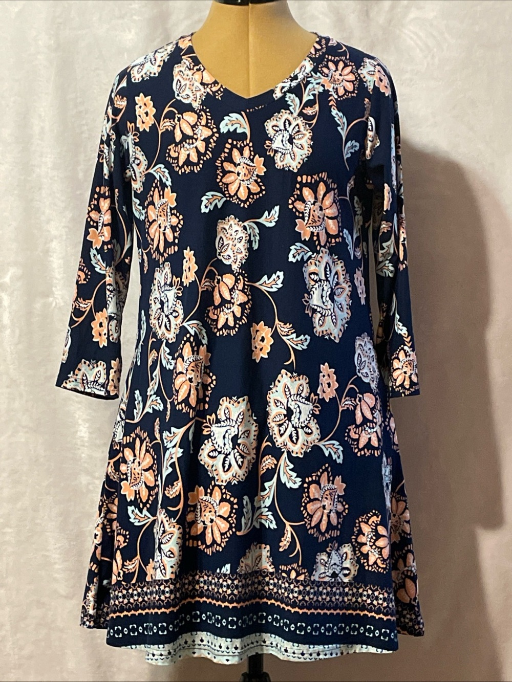 Lildy Navy Floral V-Neck Mini Dress with Peach and blue Blooms